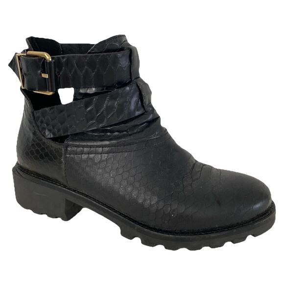 Miista Croc Embossed Ankle Boot Black Leather Round Toe Gold Buckle 37 6.5 - Picture 1 of 9